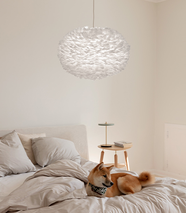 Puszysta lampa wisząca tworzy ciepłą, odprężającą atmosferę w nowoczesnej sypialni, podczas gdy pies odpoczywa na łóżku.