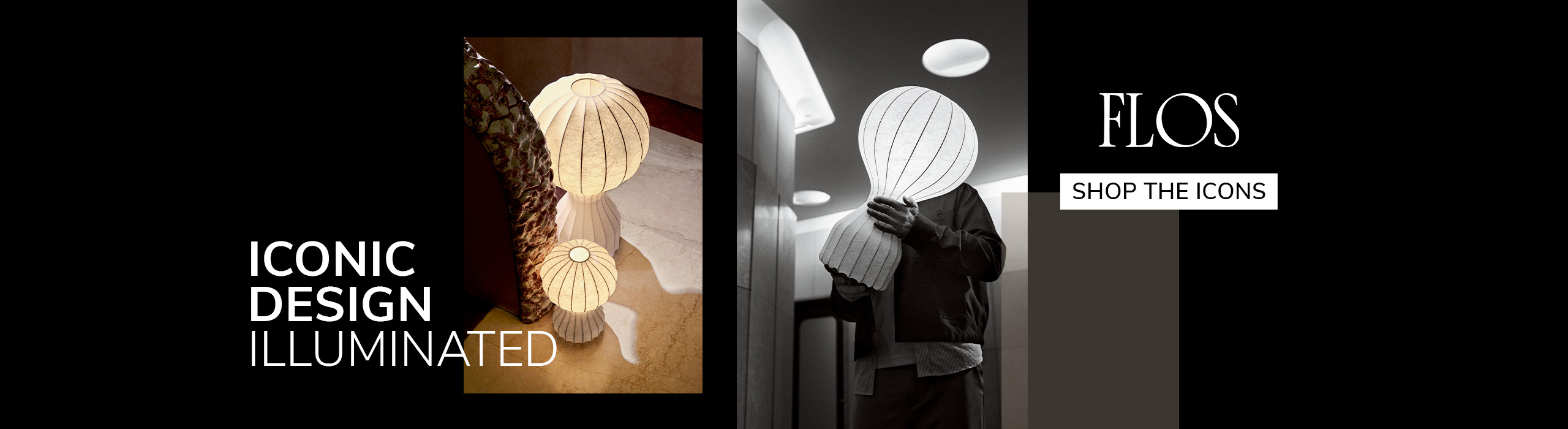 Designer holding illuminated Flos lamp with sculptural paper shade, alongside glowing floor lamps in warm tones, promoting ‘Iconic Design Illuminated’ and ‘Shop the Icons’ campaign.