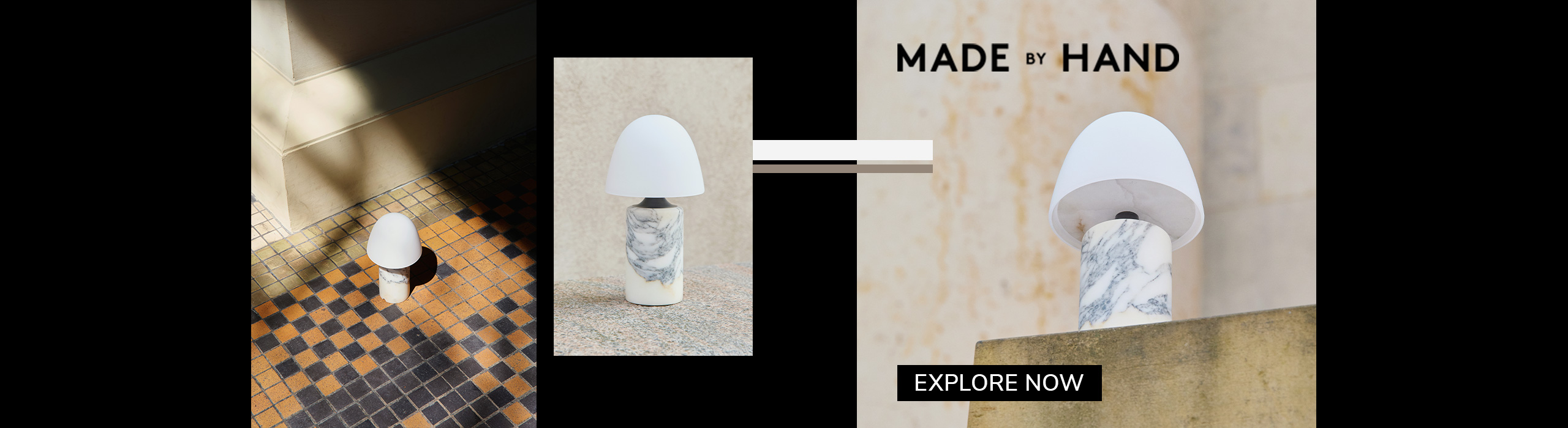 Made by Hand FUSE lamp with white dome shade and marble base shown in natural light on tiled and stone surfaces, with text ‘Explore Now’.