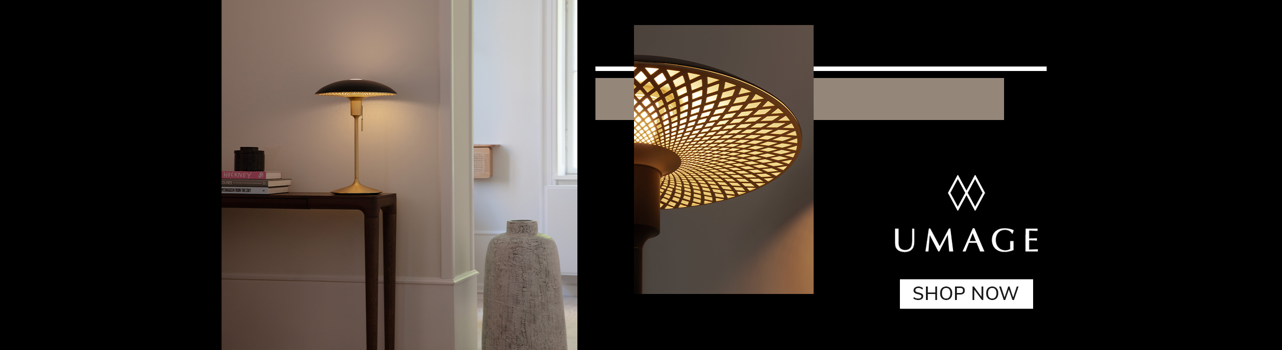 Elegant UMAGE table lamp with gold base and patterned shade on a wooden console table, softly illuminating a modern interior, with text ‘Shop Now’.