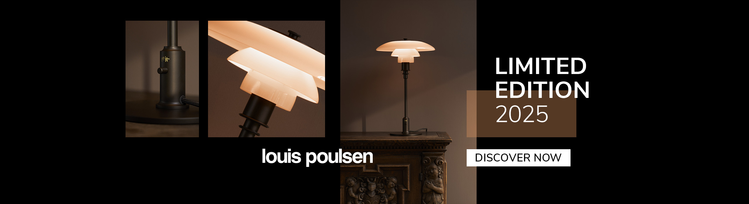 Discover More Warm-toned interior showcasing a Louis Poulsen table lamp on a carved wooden cabinet, promoting the 2025 limited edition lighting collection