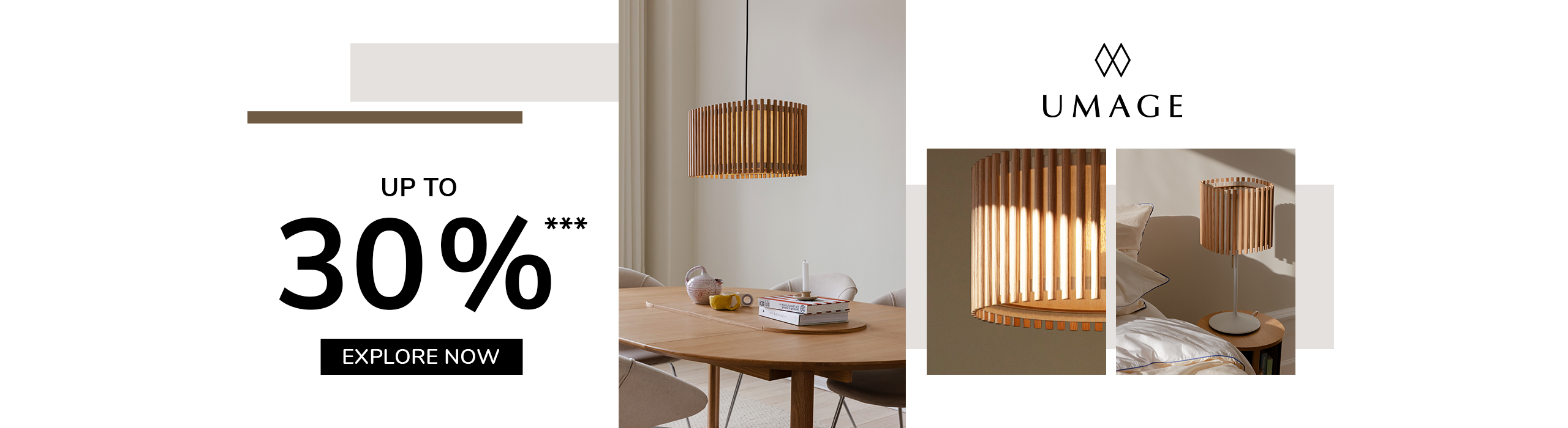 Umage wooden slat lamps in natural tones, including a pendant light above a dining table and a bedside table lamp.
