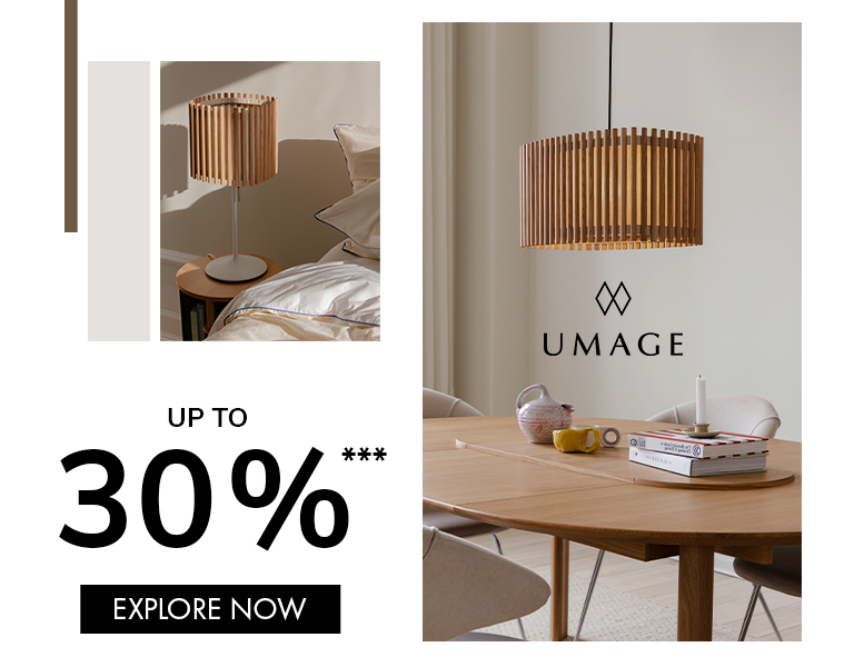 Umage wooden slat lamps in natural tones, including a pendant light above a dining table and a bedside table lamp.